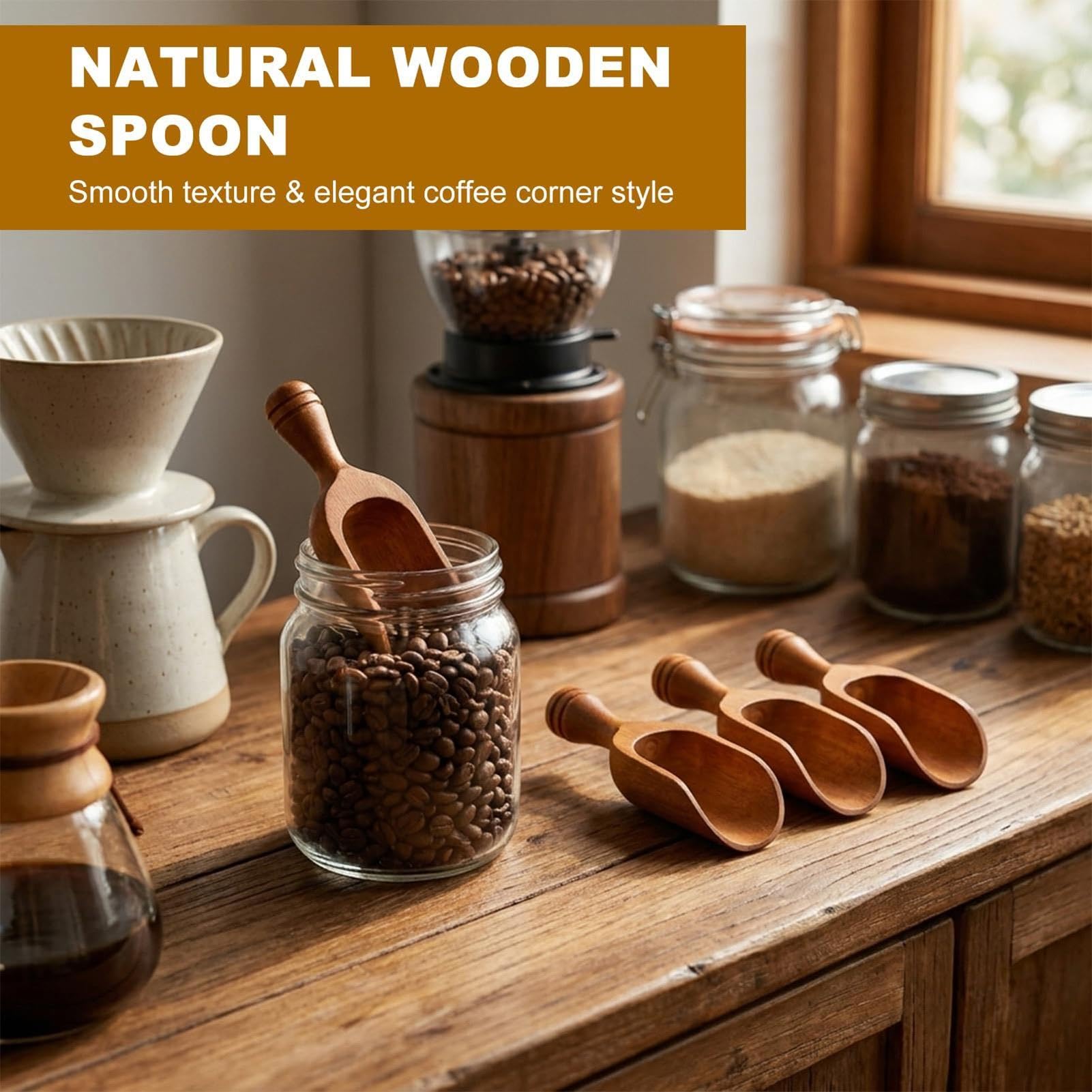 8 misurini in legno naturale, misurino per caffè, mini cucchiai dosatori, per chicchi di caffè, zucchero, riso, spezie e ingredienti secchi in barattoli
