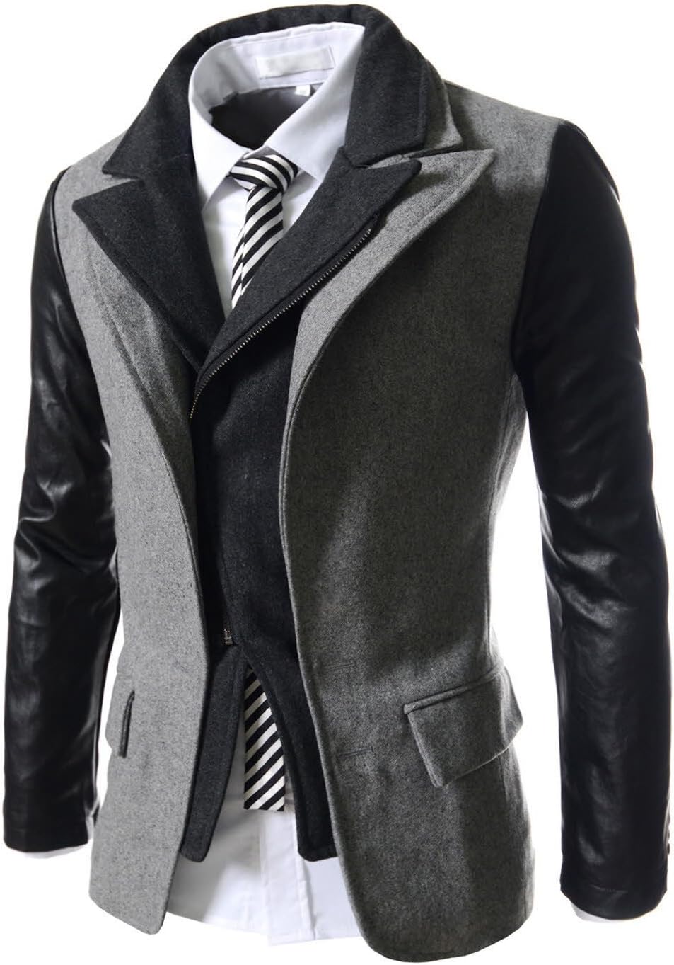 TheLees PJK2 Slim Fit Unbalance Zipper Synthetic Leather Patched Jacket