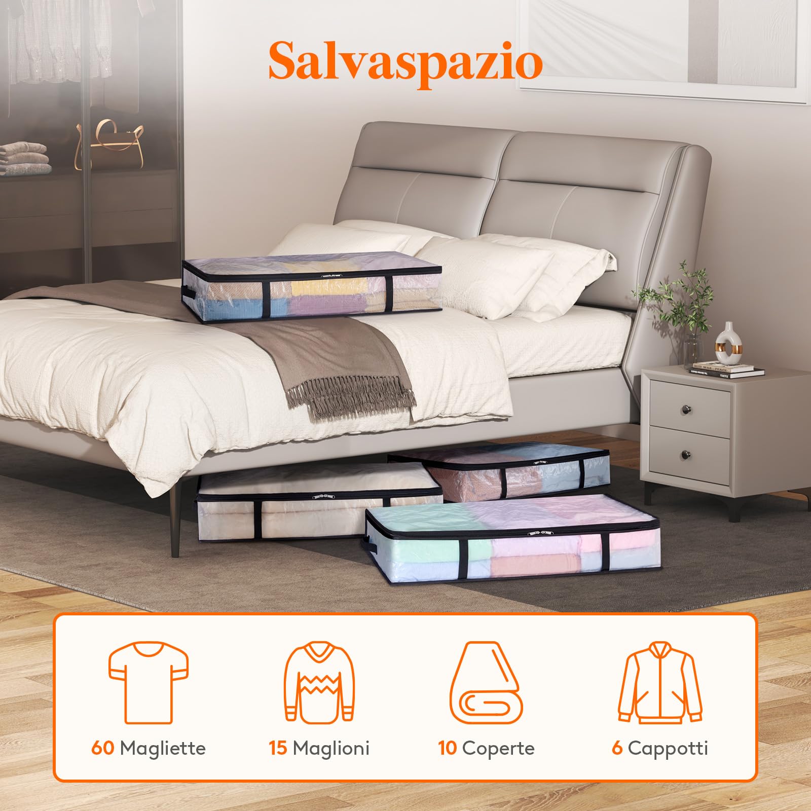 Lifewit 4 Pezzi Scatole per Vestiti Trasparente 60L, Contenitori Sottoletto Pieghevole con Manici, Scatole per Armadio en PP, Scatoloni trasloco, Organizzatore armadio per Vestiti, Coperte, Piumoni