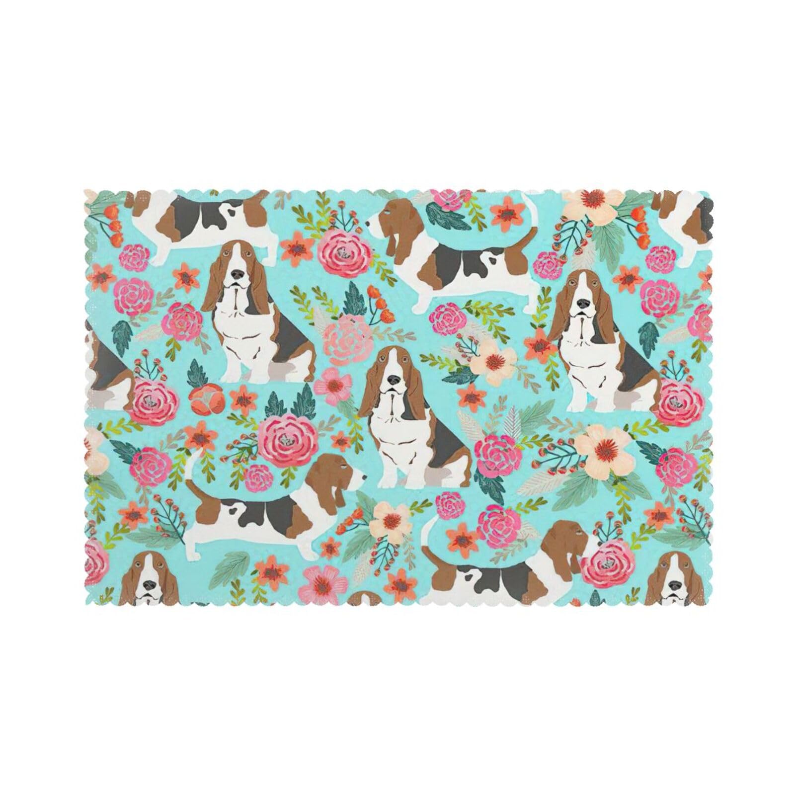Sweet Basset Hound Florals Print Placemats for Dining Table Set of 6 12x18 Inch Table Mats for Party Kitchen Dining.