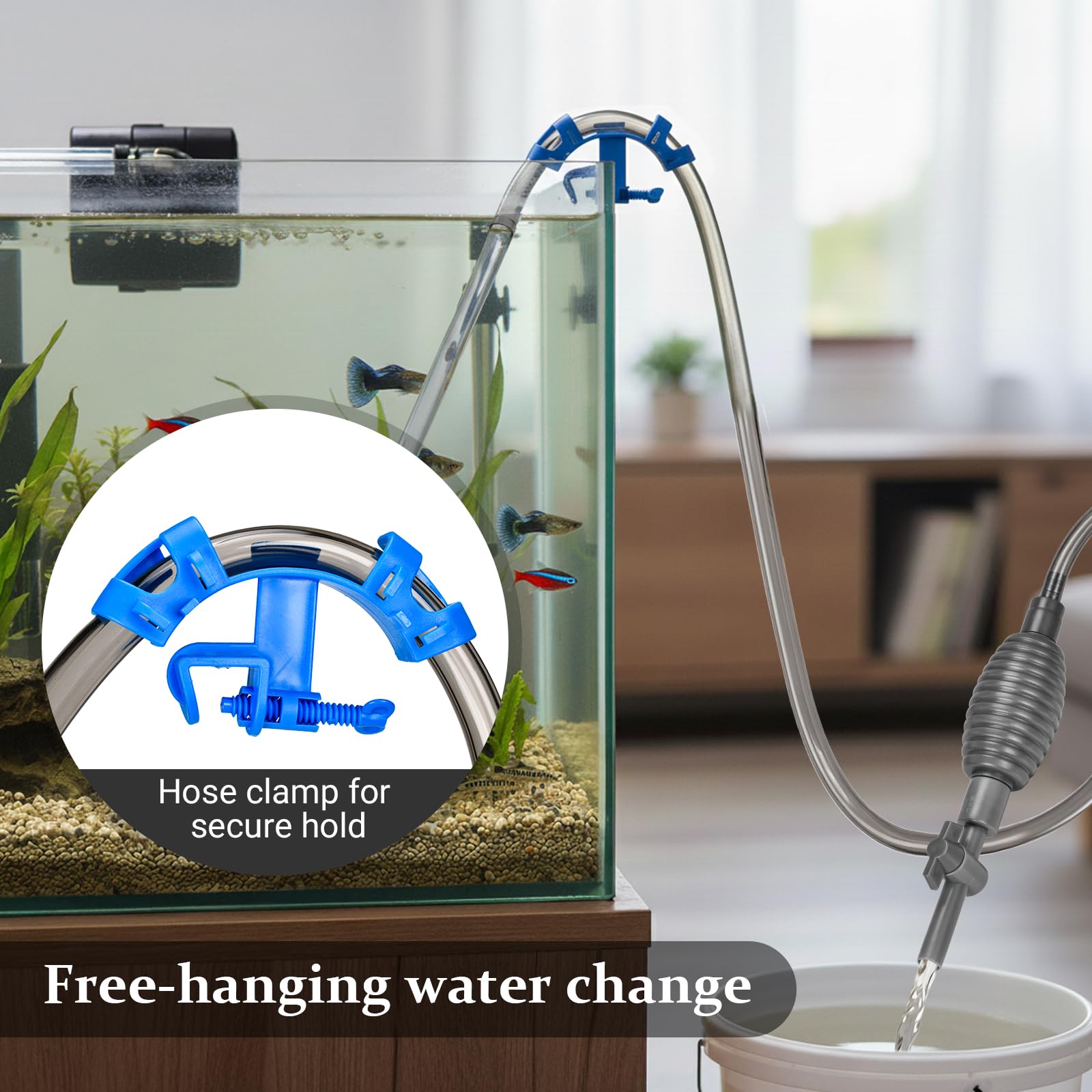 Siphon Aquarium 3 m Tuyau Nettoyeur de Gravier avec Tube Rigide 70 cm, Robinet Marche/Arrêt, Filtre, Buse Bec de Canard, Protection Sable et Support pour Nettoyage Aquarium