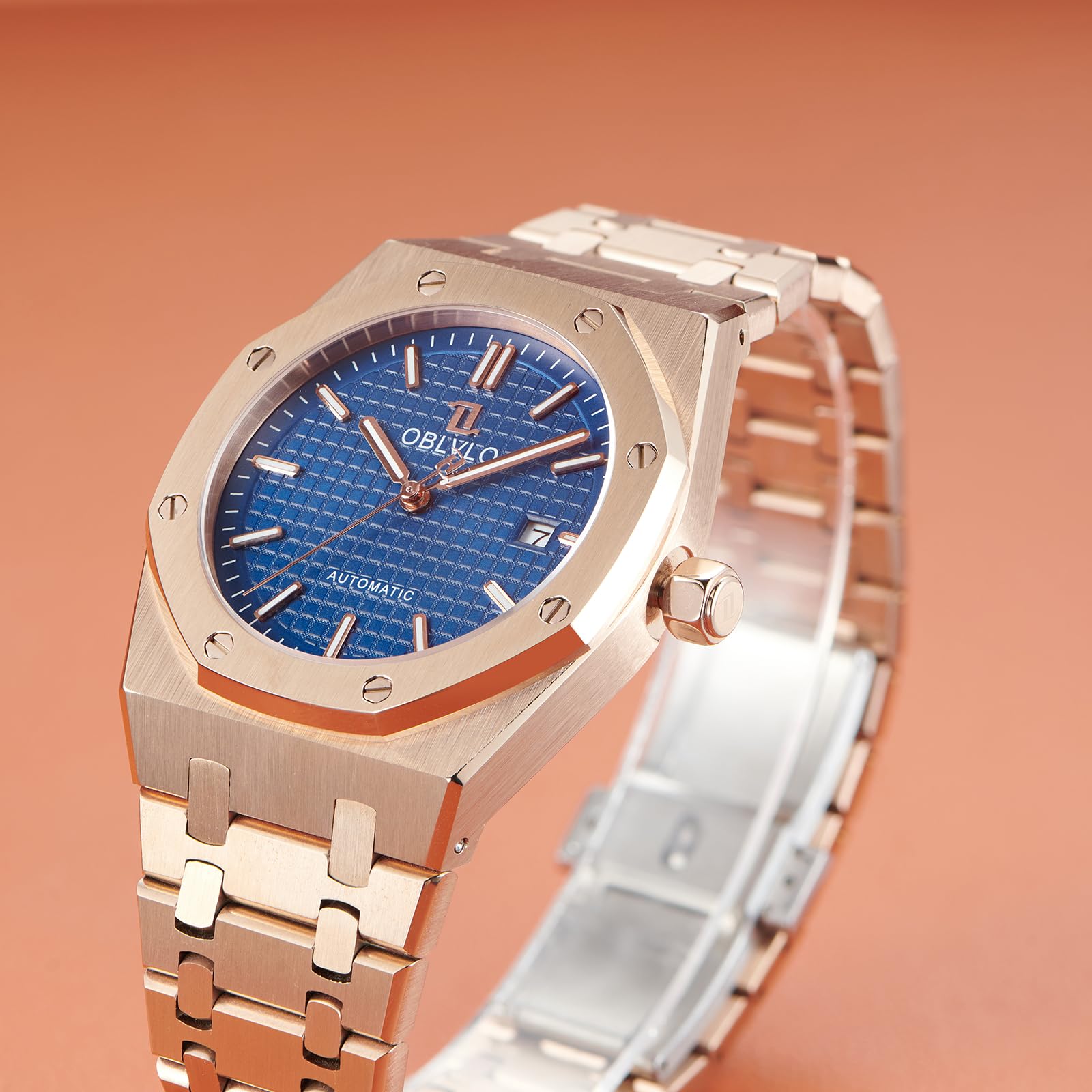 OBLVLO Orologio meccanico da uomo, in acciaio inox 316L, cassa da 41 mm, lancette luminose, impermeabile fino a 50 m, orologio da polso automatico casual TM-ASP