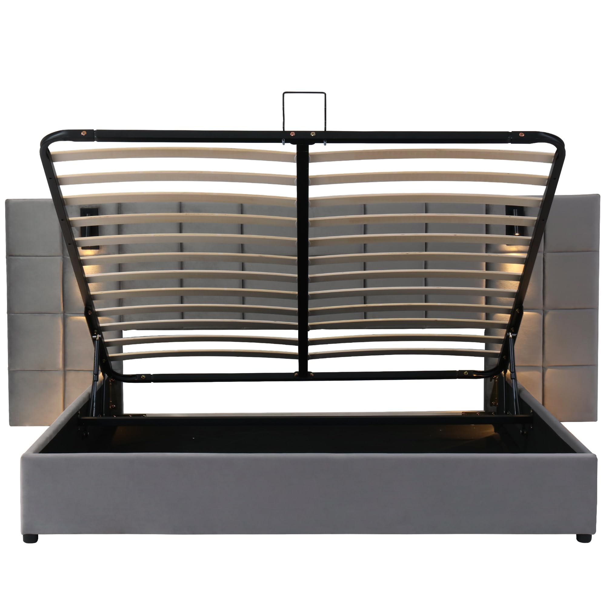 Oyemige Letto Imbottito 160x200 cm, Funzionale Idraulico Con Luci Direzionali e Ricarica USB, Contenitore Con Testata e Struttura in Acciaio, Senza Materasso, Matrimoniale Grigio