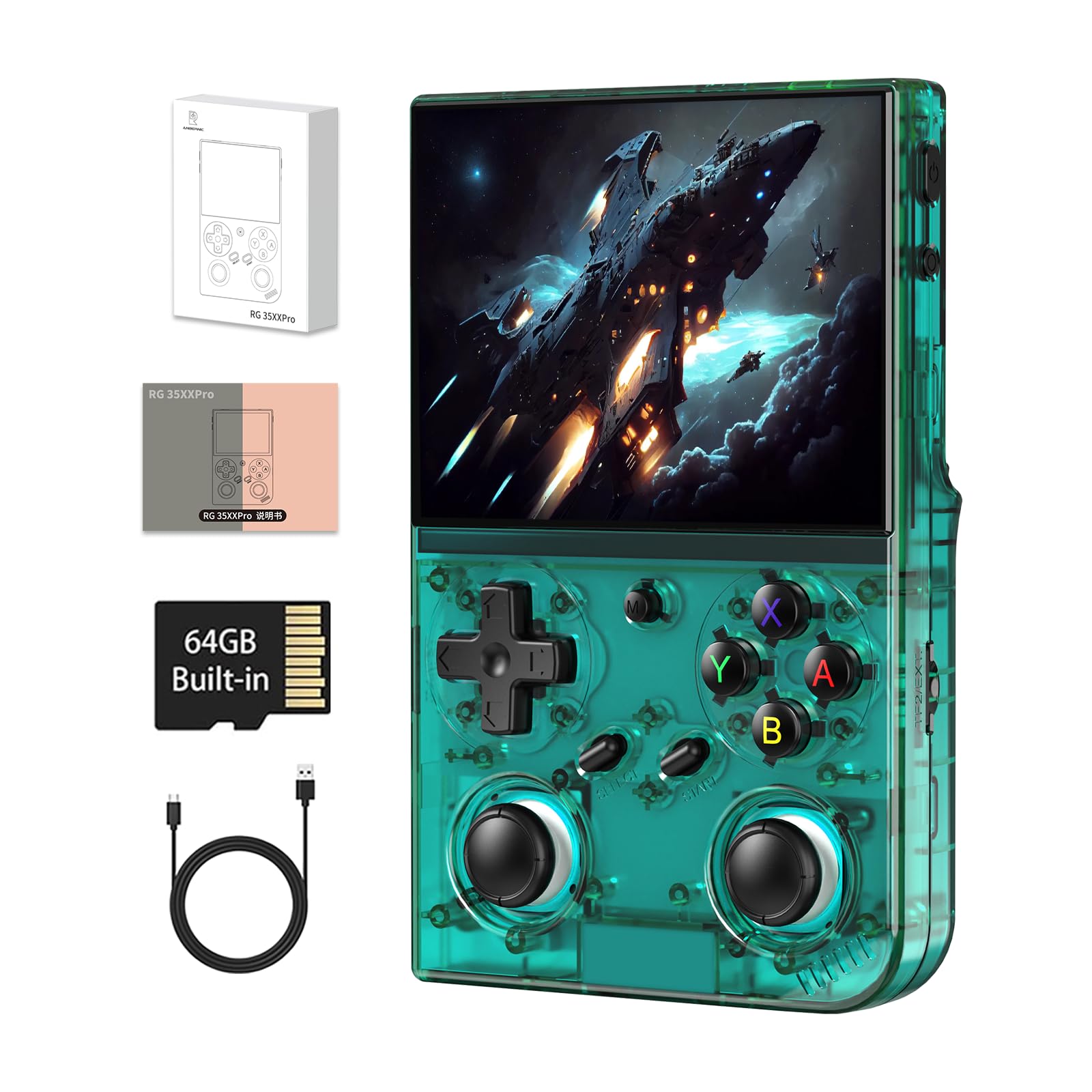 GiipGoop RG35XX Pro Handheld Game Consoles RG35XXPro Retro Gaming Console with 64GB Card 4353 Games Video Game Console Pocket Arcade Support 30+ Simulators WiFi Bluetooth HD Output Transparent Teal