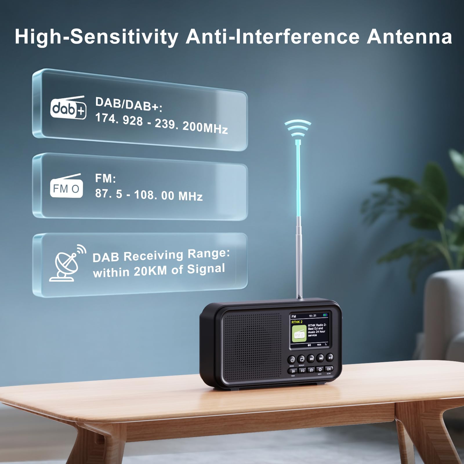 ROCAM DAB Radio Portable with Bluetooth 5.0 & Hi-Fi Speaker, 3000mAH Rechargeable Battery Radio, Mains Powered Digital Radio, 2.4" Display, 40 Presets Stations, Dual Alarms, TF Card Support, EQ Modes - 4