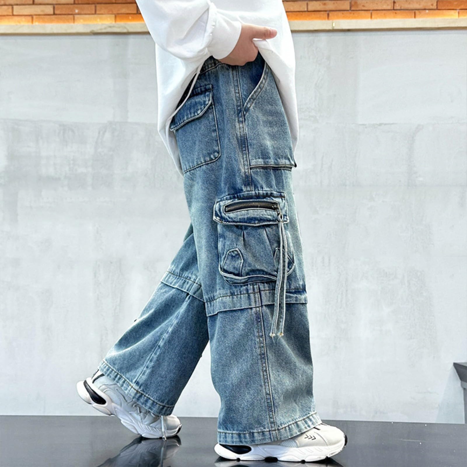 Jean ample pour enfant, avec plusieurs poches, fermeture éclair, jambes larges, tendance, hip hop, taille haute, droit, esthétique, vintage, pour l'école