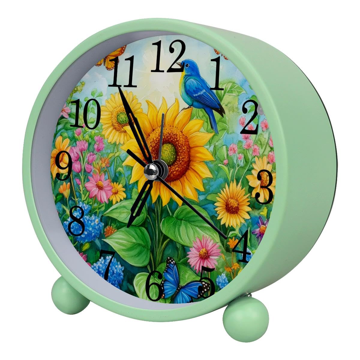 Alarm Clock Sunflowers Bird Butterfly, Silent Non-Ticking with Night Light