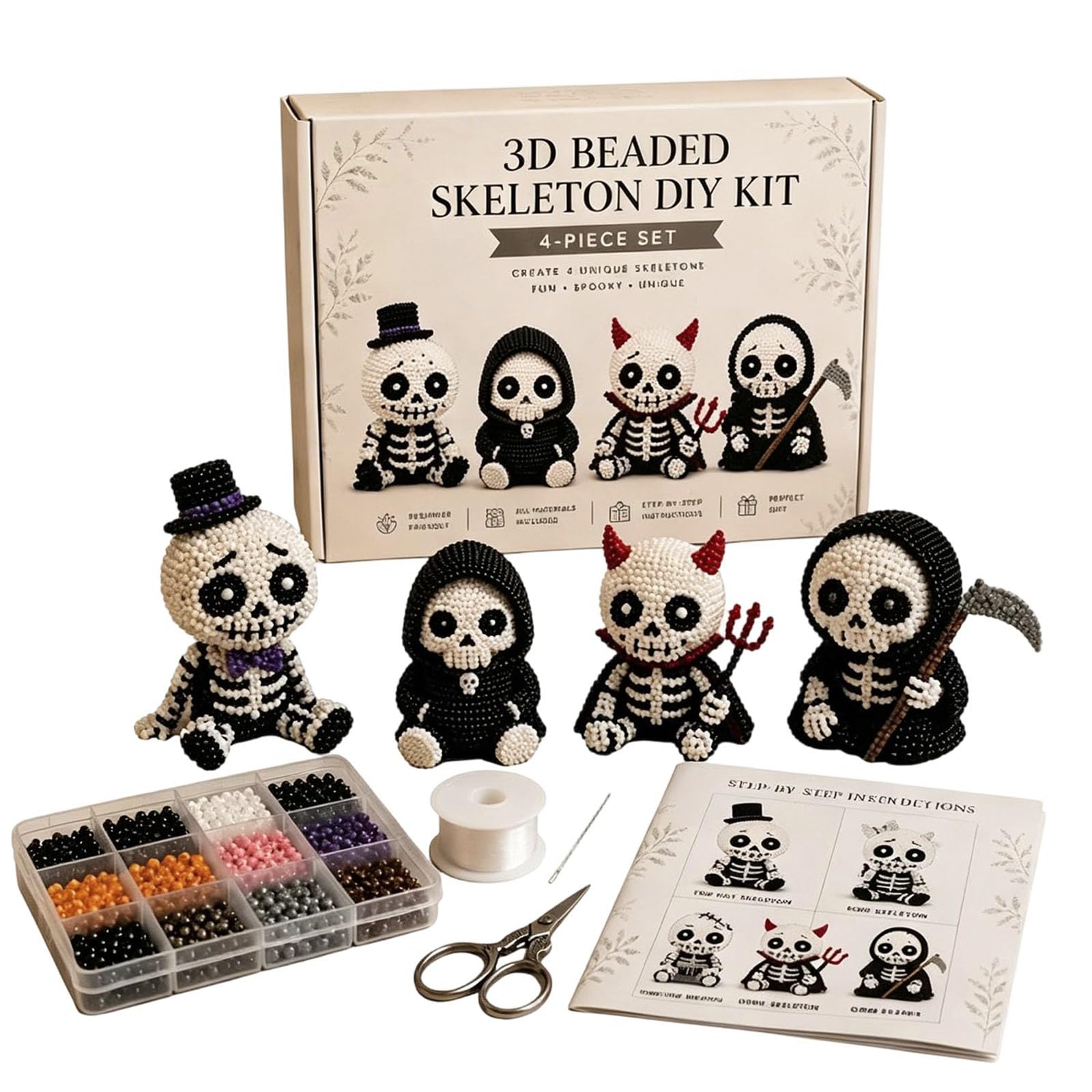 KOBONA 4-Pack 3D Beaded Skeleton DIY Kit with Beads and Instructions Handmade Skeleton Figurine Making Kit Beginner-Friendly for Teens Adults Home Decor Gift