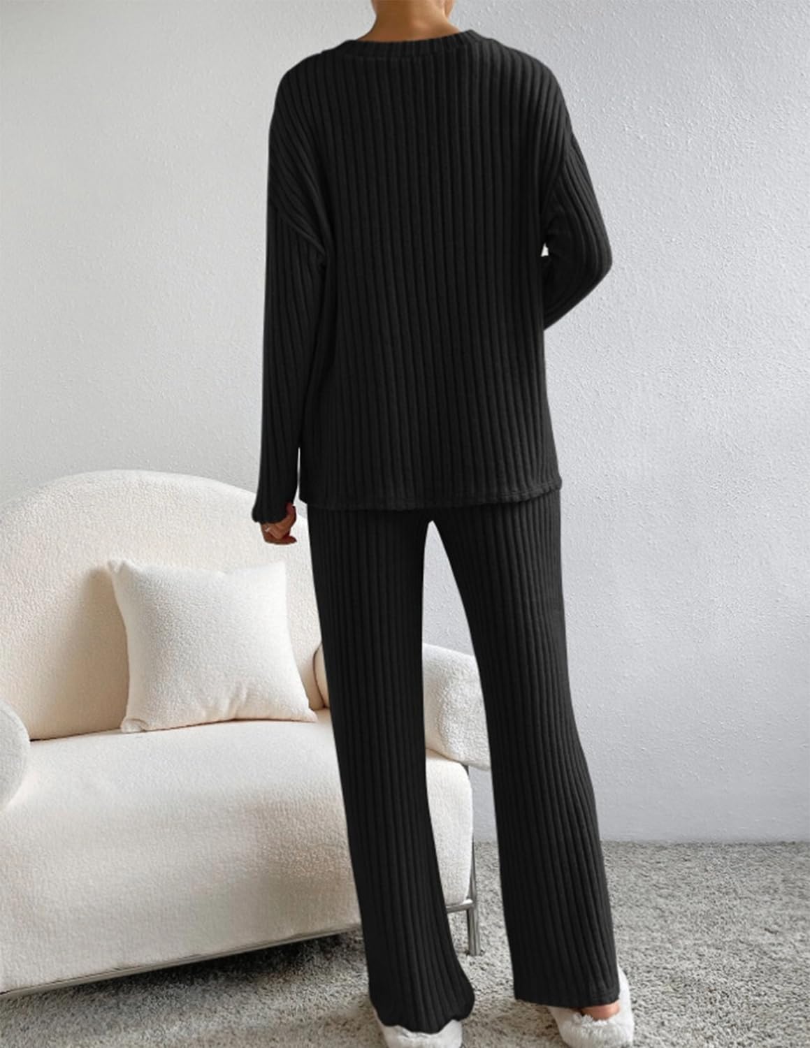 Femme Ensemble de Costume 2 Pièces Manches Longue Tricot Côtelé Pantalon Droit Survêtement Col en V Automne Hiver