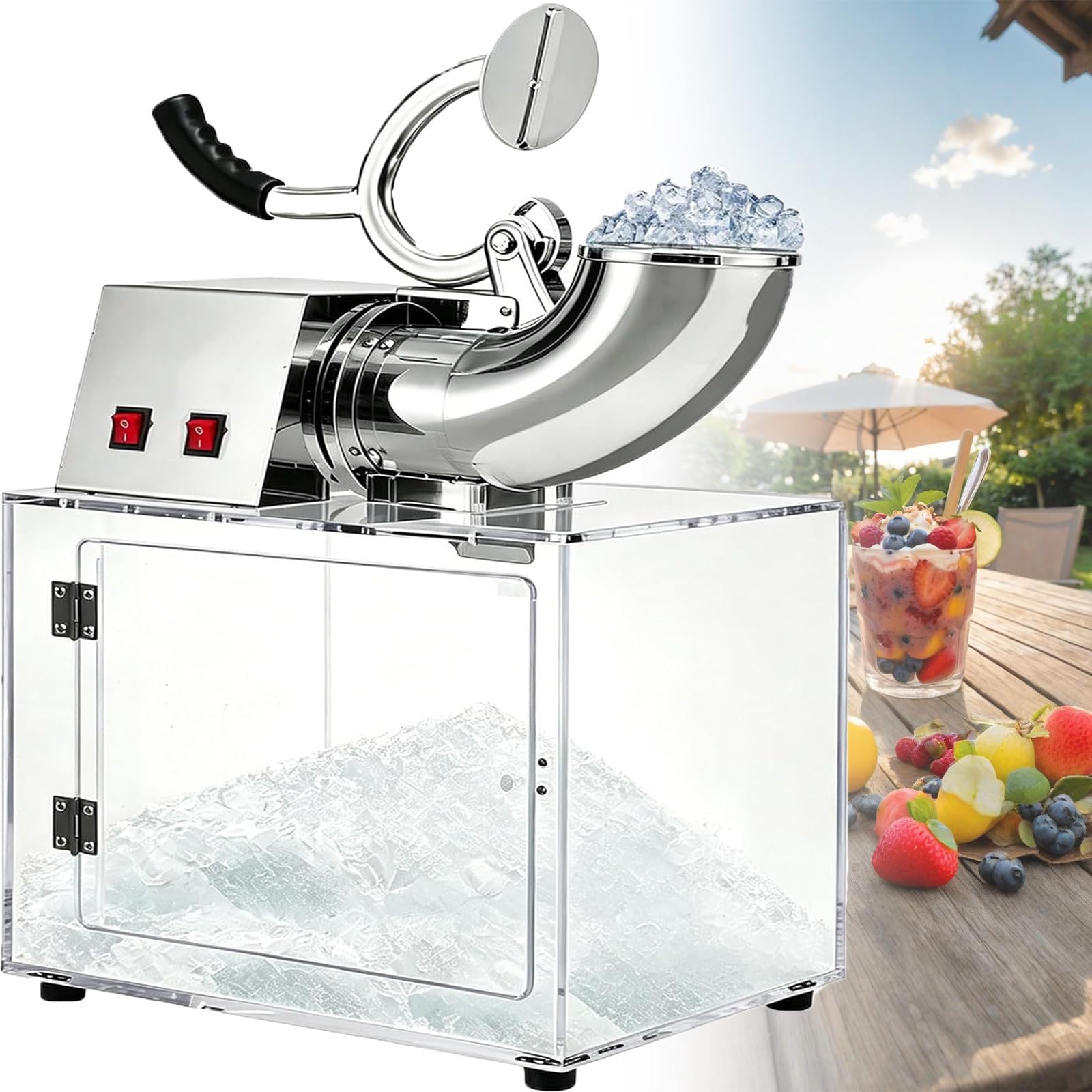 MiyKom Snow Cone Machine 300W with Safety Lid Auto Shut-Off, Dual Stainless Steel Blades, Large Capacity Transparent Bin, 850 RPM for Shaved Ice, Slushies and Desserts for Drinks, Parties and Cafes