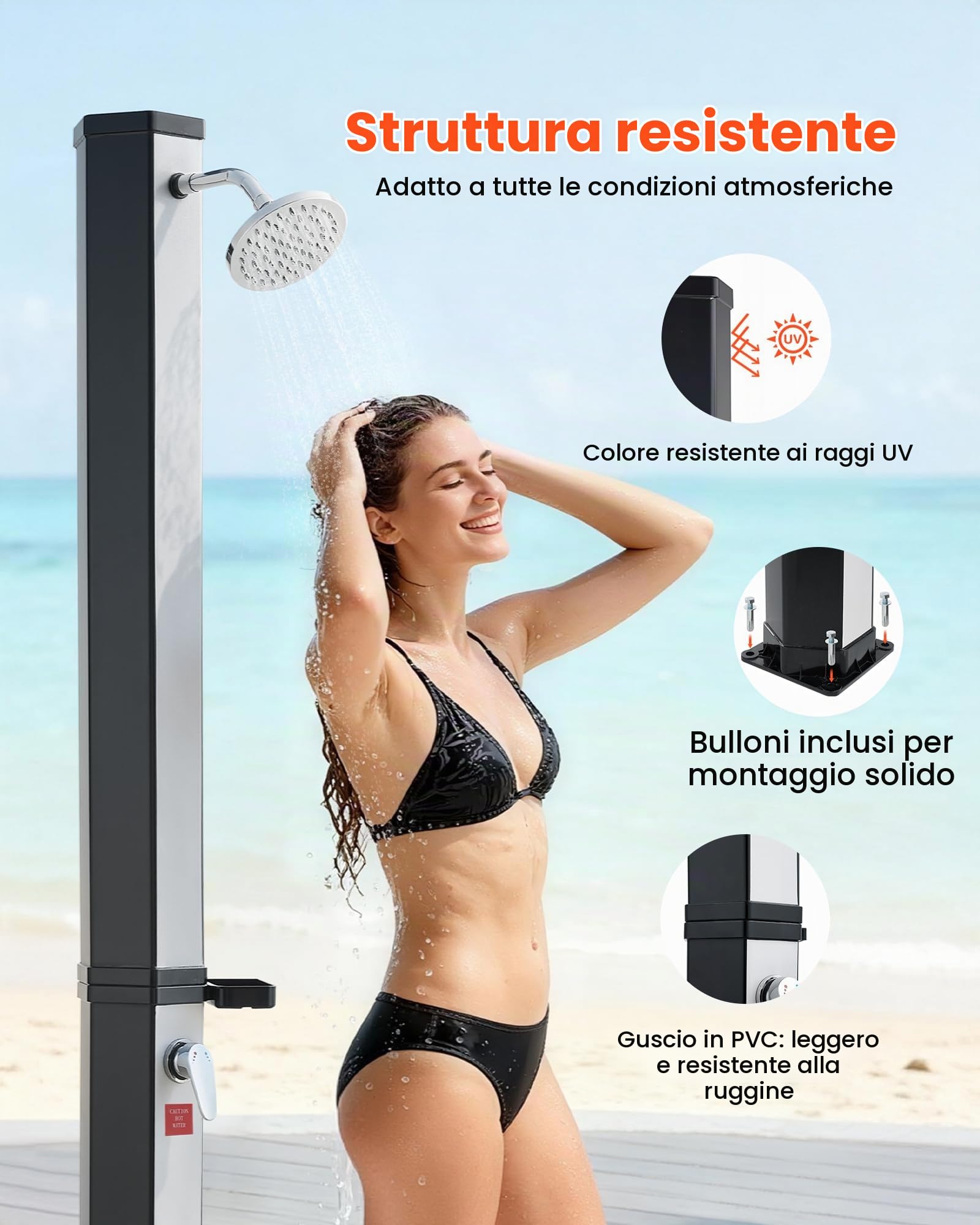VEVOR Doccia Solare da Giardino 35 L, Doccia Esterna Solare con Soffione Regolabile, Tappetino Antiscivolo, Rubinetto con Acqua Calda e Fredda, Altezza 195 cm per Piscina Spiaggia, Nero e Argento