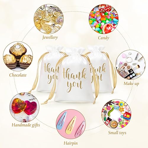 Vista 10 de Sieral 50 bolsas de regalo de satén con cordón para joyas, bolsas de dulces para Acción de Gracias, Navidad, boda, baby shower, fiesta de Blanco