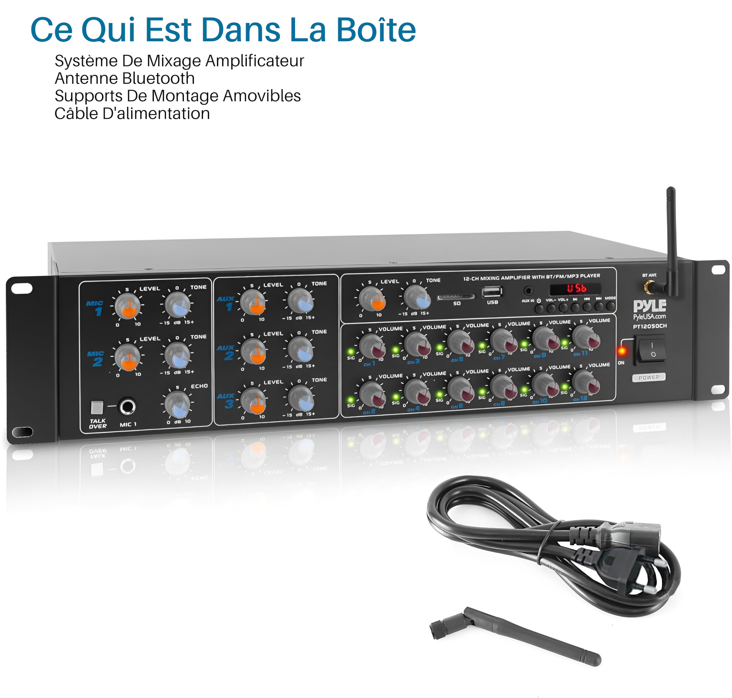 Pyle Amplificateur Bluetooth sans Fil 8 Canaux - 4000W Rack Mount Multi Zone Sound Mixer Système Audio Stéréo Maison avec RCA, USB, AUX - pour Haut-parleurs, PA, Théâtre, Studio/Scène