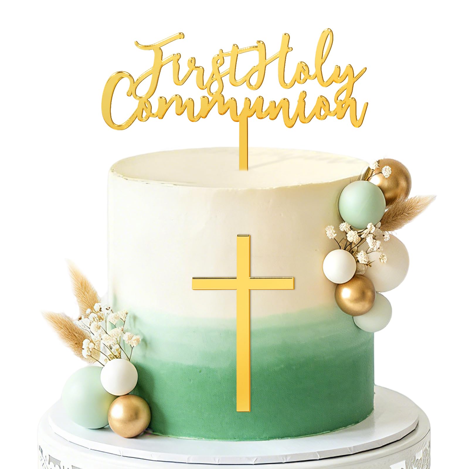 DOORIO First Holy Communion Cake Toppers Cross Gold Acrylic Cake Decoration for Communion Christening Confirmation Baptism Baby Shower Party Cake Supplies