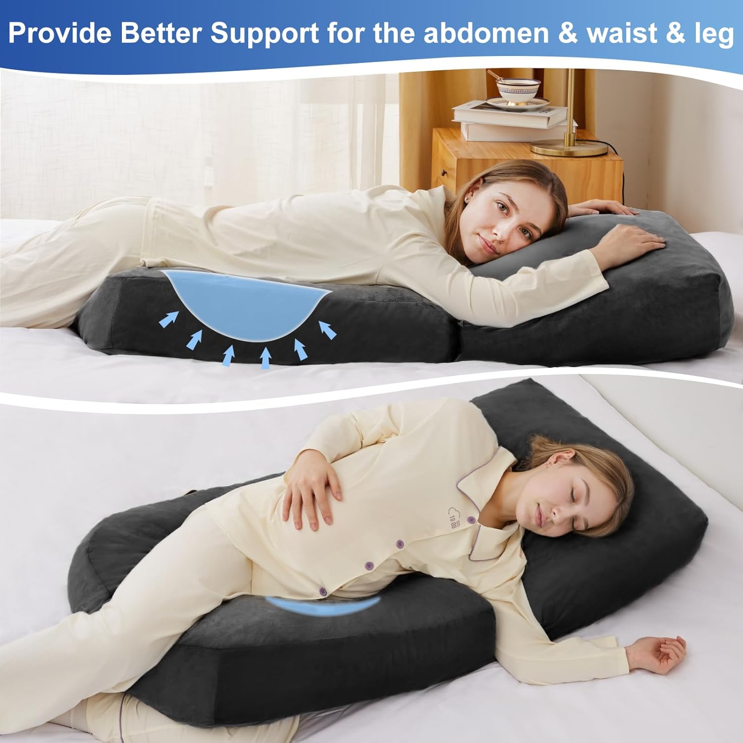 Pregnancy Pillows for Sleeping, 44.5 Inch Pregnancy Massage Pillow Full Body Pillow with Leg Pillow & Removable Cover - Support for Back, Legs, Belly, HIPS for Pregnant Women (Black)