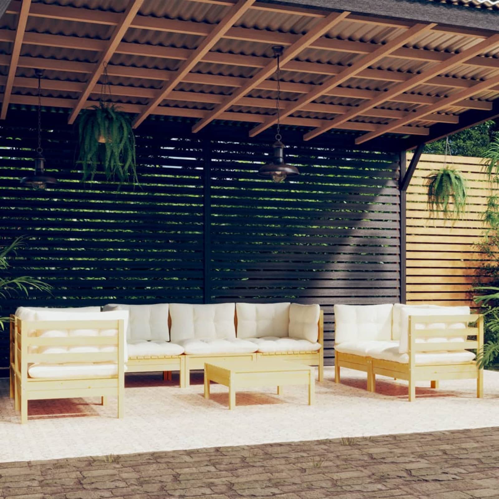 Gecheer Muebles deJardín 8 Piezas con Cojines Crema Conjunto de Muebles Sofá de Jardín Exterior Terraza Comedor Sofá de Jardín de Esquina Madera de Pino