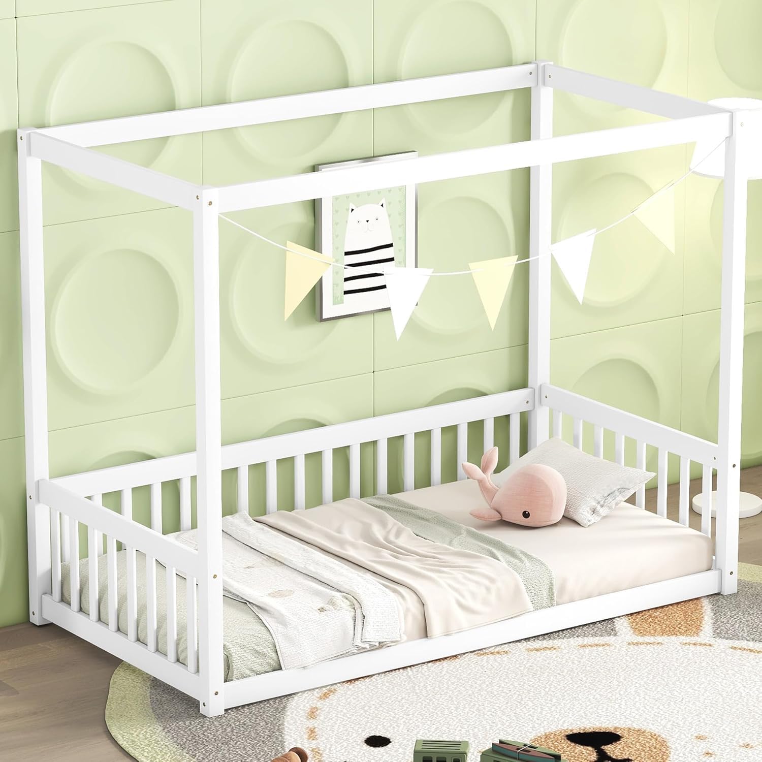 MERITLINE Full Canopy Bed Frame with Fence,Solid Wood Montessori Floor Bed with Guardrail, Easy to Assemble (White)