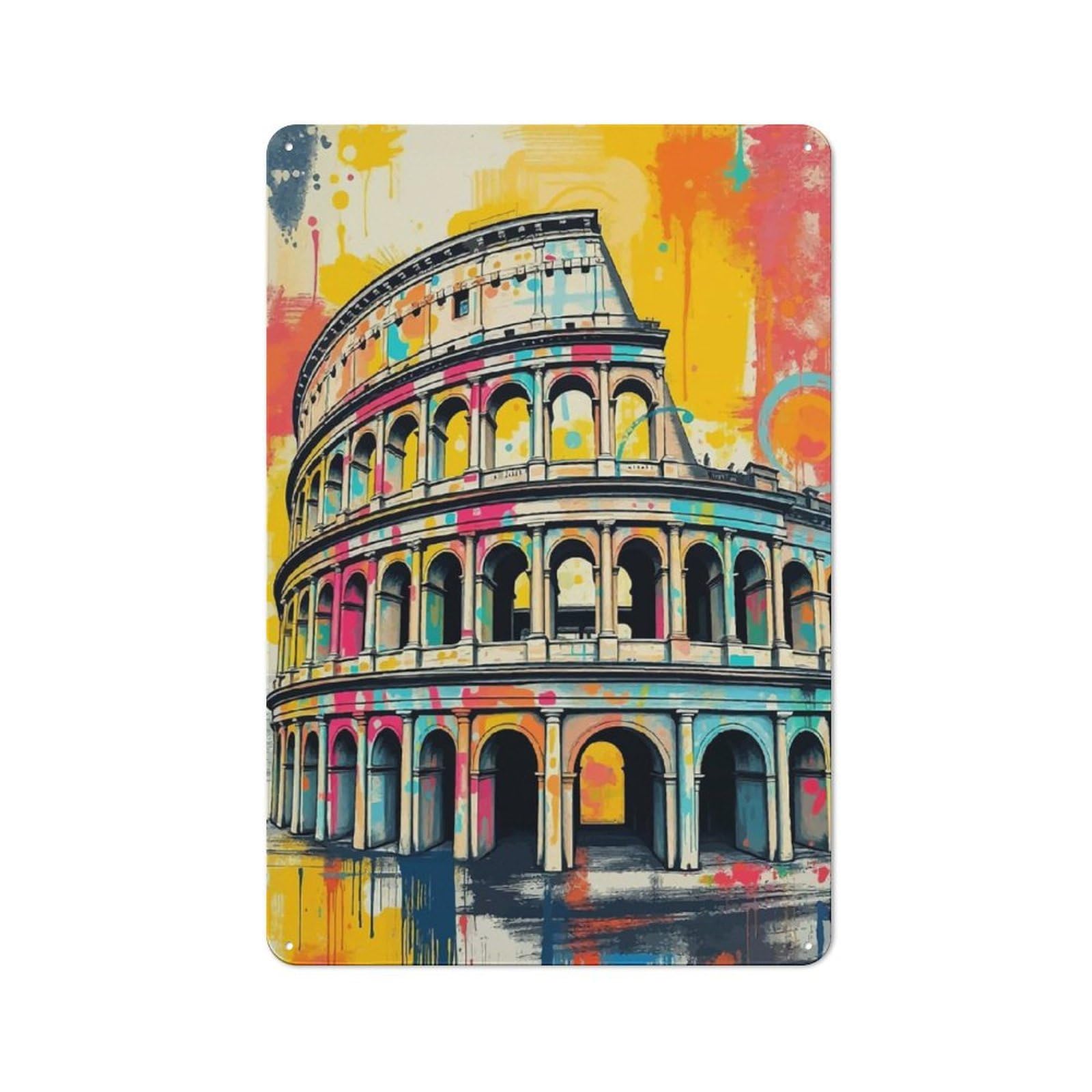 Tin Wall Plaque 30x20cm with Colosseum Graffiti Art for Kitchen Or Home Bar, for Vintage Wall Decor Fans, for Garage And Workshop Walls