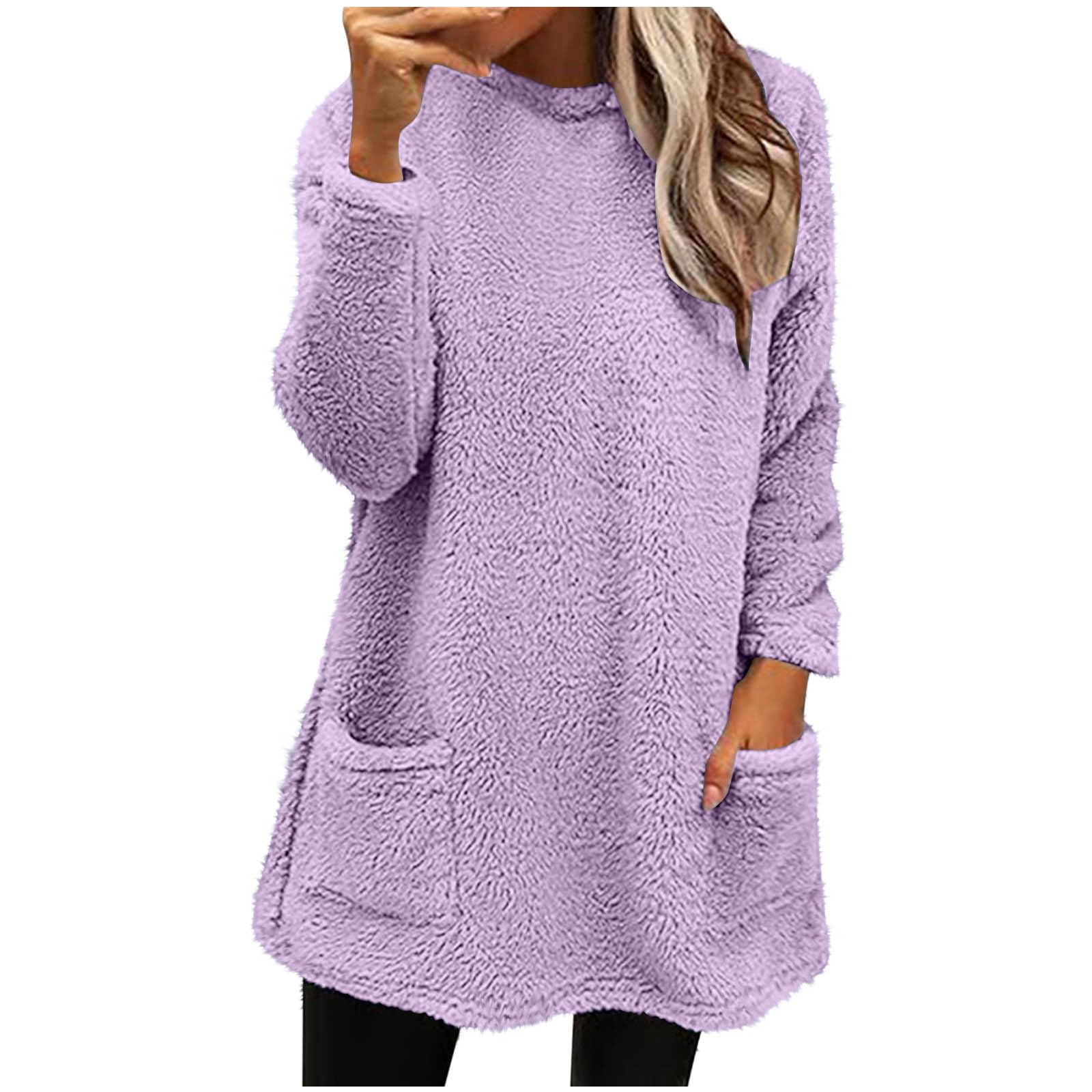 Winter Tops for Women Cozy Sherpa Fleece Long Sleeve Shirt Loose Warm Fuzzy Tunic Sweater Soft Loungewear with