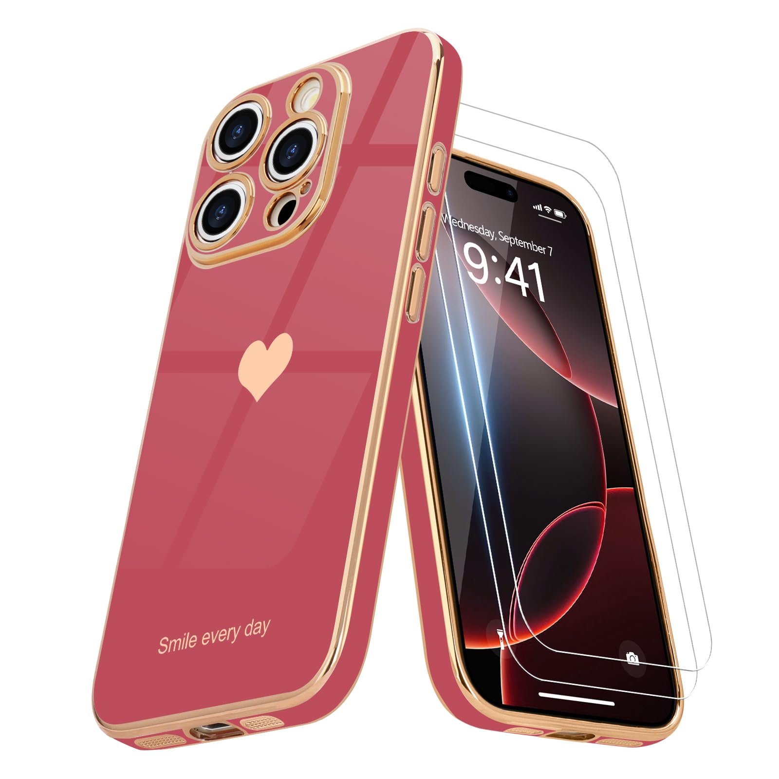Teageo for iPhone 16 Pro Max Case with Screen Protector [2 Pack] Girl Women Cute Girly Love-Heart Luxury Gold Soft Cover Camera Protection Shockproof