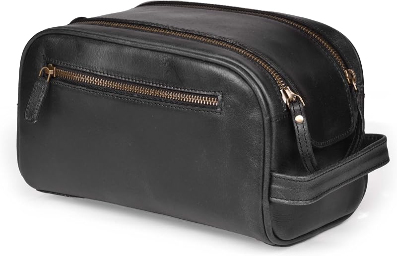 Necessaire de viagem LEATHER VILLAGE em couro para produtos de higiene e barbear – Preta