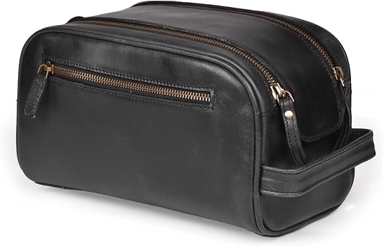 LEATHER VILLAGE Genuine Leather Toiletry Travel Bag With Waterproof Lining - Black | King-Size Handcrafted Vintage Dopp Kit Bag, Shaving & Bathroom Organizer, Gift for Men & Women