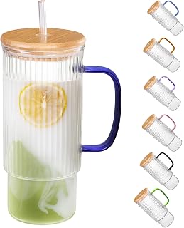32oz Ribbed Glass Cup with Handle Bamboo Lid and Straw, Glass Tumbler, Iced Coffee Cups Hot/Cold Drinks (Navy Blue Handle)