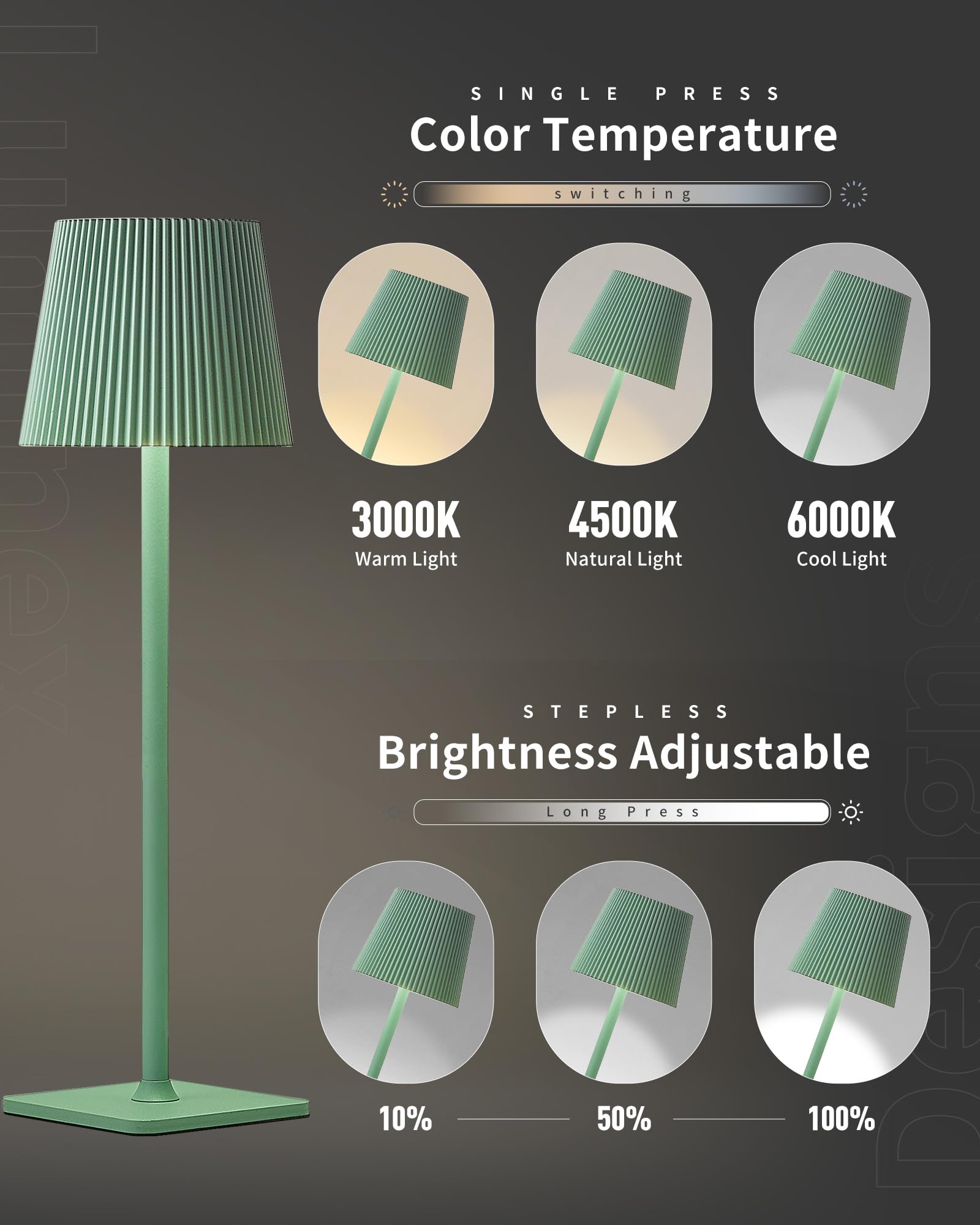 Lampada da tavolo senza fili 1 pezzi Verde VELA TL02 | IP54 | 5200mAh | 3000K-6000K | Touch dimmerabile | 8-10h durata | Giardino, Matrimonio, Terrazza, Cena, Campeggio