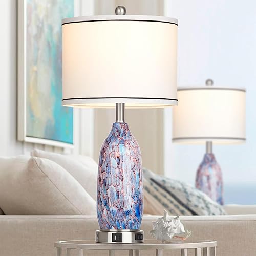 Miniatura 7 de Juego de 2 lámparas de mesa de cristal costero de 26 pulgadas, lámpara náutica con puertos USB A+C y salida de CA, lámparas de noche Bule con