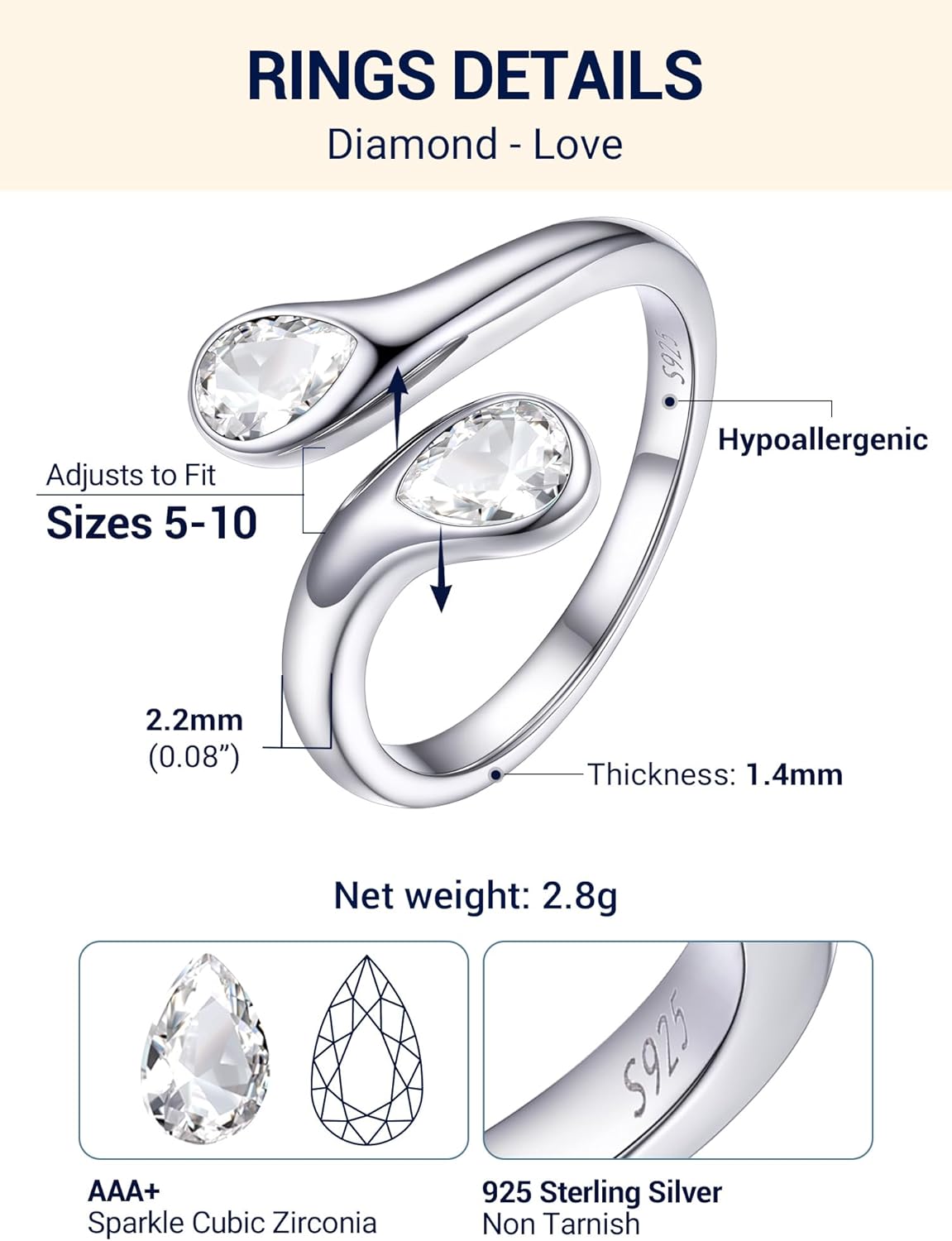 PROSILVER S925 Sterling Silver Rings for Women Dainty Birthstone Statement Ring, Dual Pear-Cut Gemstones, Open Band Rings, Jan - Dec Available - Image 4