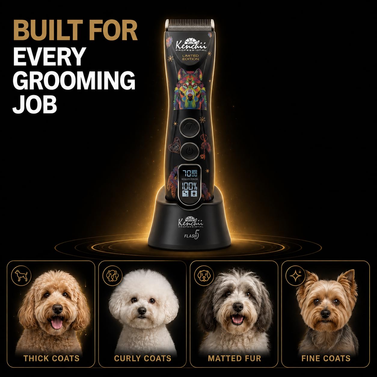 Kenchii Flash 5 Tosatrice per cani Wolf Edition Black, senza fili
