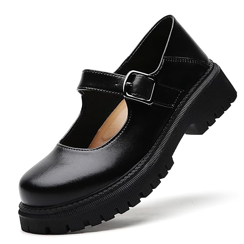 XMM Mary Jane Shoes Platform Chunky Mary Janes for Women Ladies Comfort Leather Round Toe Non-Slip Dressy Casual Cute Girls School Work Shoes - 8.5 - Black