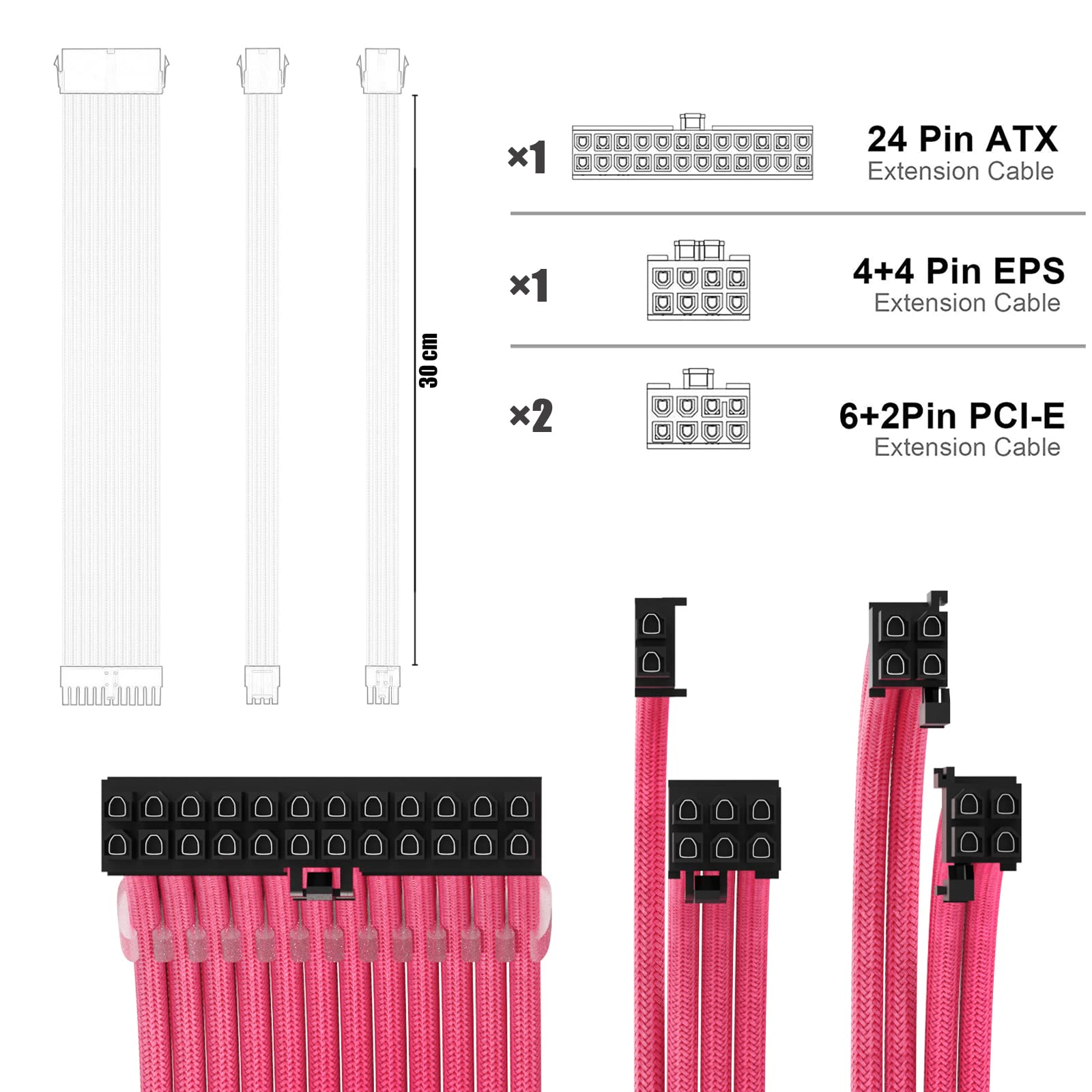 PSU-Kabel-Verlängerungsset mit zwei Sets von Kabelkämmen, 1 x 24-polig, 1 x 8-polig (4 + 4), EPS/2 x 8-polig (6P + 2P) PCI-E/30 cm Länge, PC-ummanteltes Kabel für ATX-Netzteil, Rosa