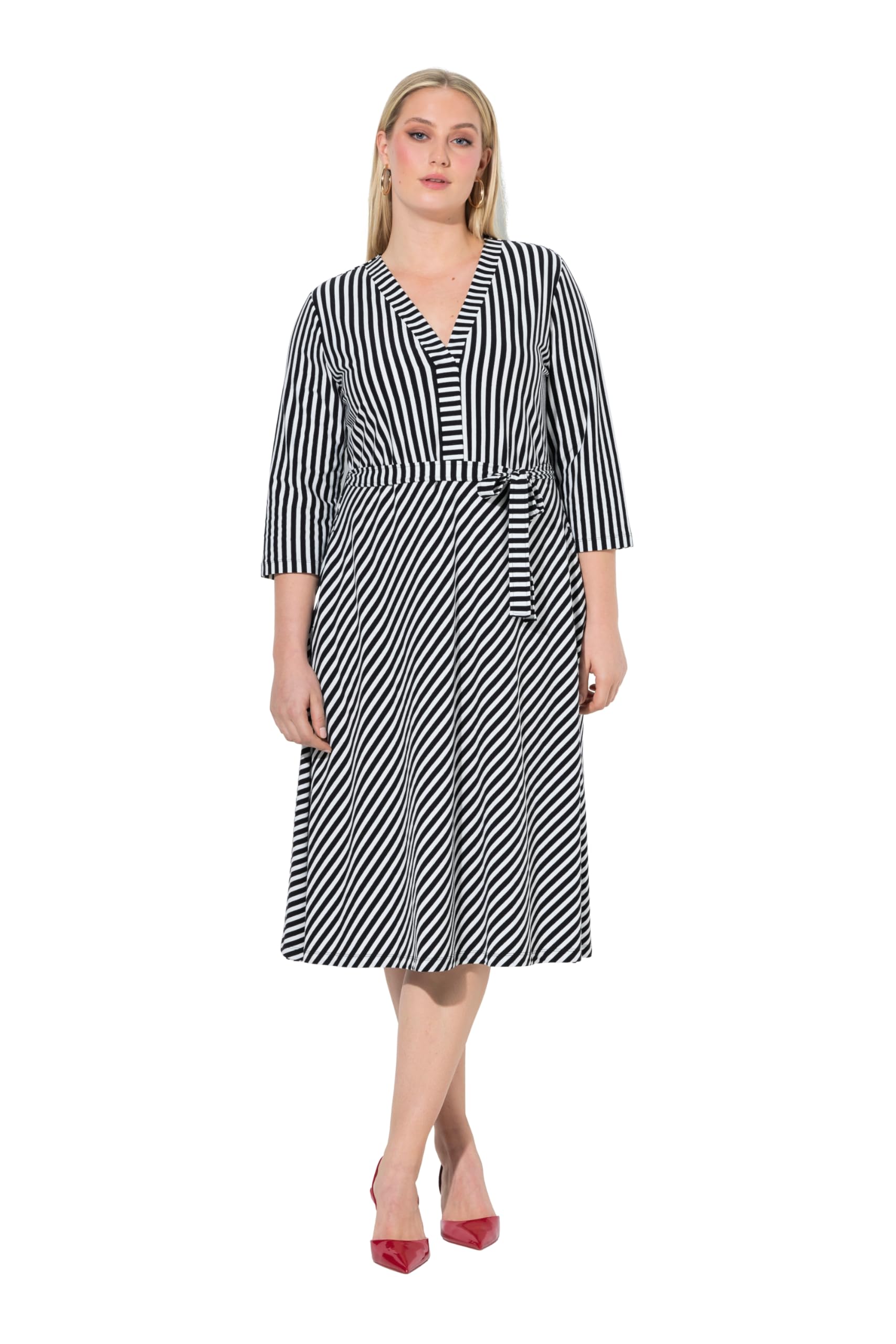 Ulla Popken Damen große Größen Übergrößen Plus Size Midikleid, Streifen, A-Linie, V-Ausschnitt, 3/4-Arm 848052