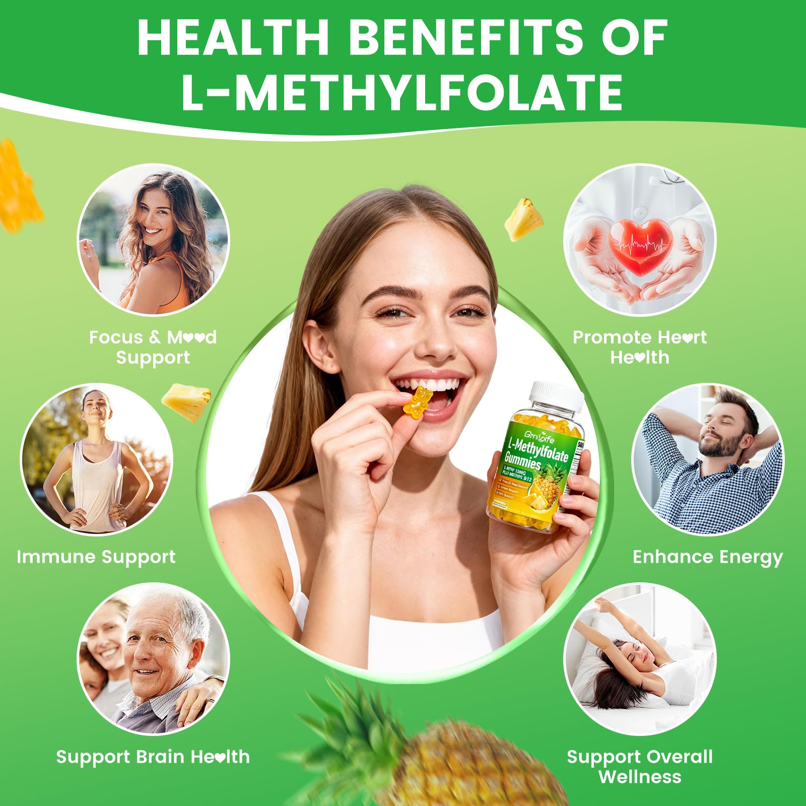 2 Pack L-Methylfolate 15 mg Gummies with Methyl B12, Methylated B1, B2, B6, Active 5-MTHF & High Absorption - Supports Brain Health & Immune System, Pineapple Flavor, 120 Count — Amazon image 4