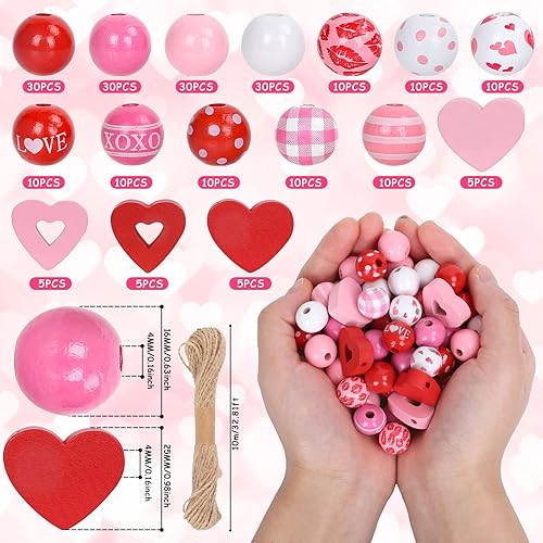 Miniatura 2 de Whaline 220 cuentas de madera para el día de San Valentín cuentas de corazón rosa y rojo cuentas de madera redondas coloridas con cuerda de cáñamo