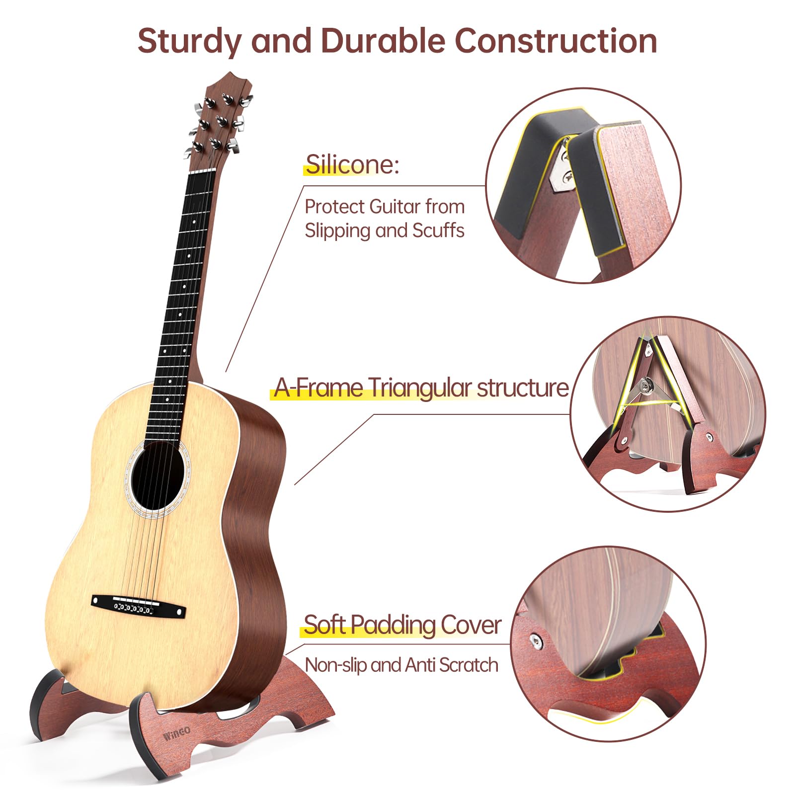 WINGO Soporte de madera para guitarra, portátil, plegable, con marco en A, para guitarras acústicas, eléctricas, clásicas, con goma antideslizante, totalmente montado.