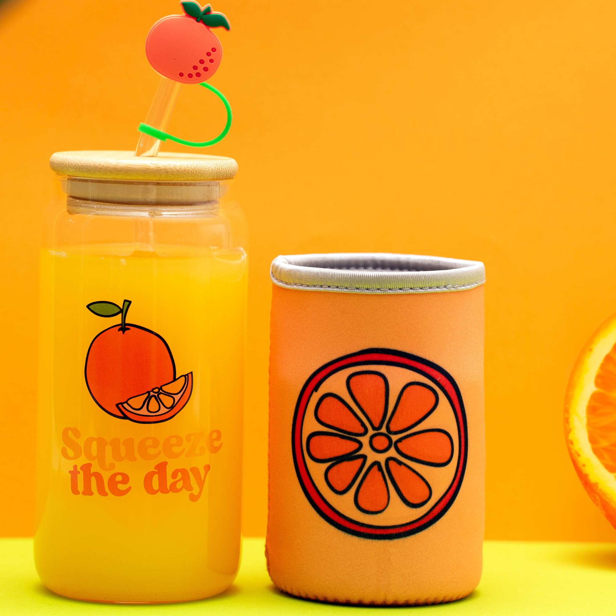 The Love Crate Co. Orange Gifts for Women - Glass Tumbler with Lid and Straw, Customized Straw Stopper and Cup Sleeve. Aesthetic Unique Design Iced Coffee Gift Cup for Mom, Teacher, Friend