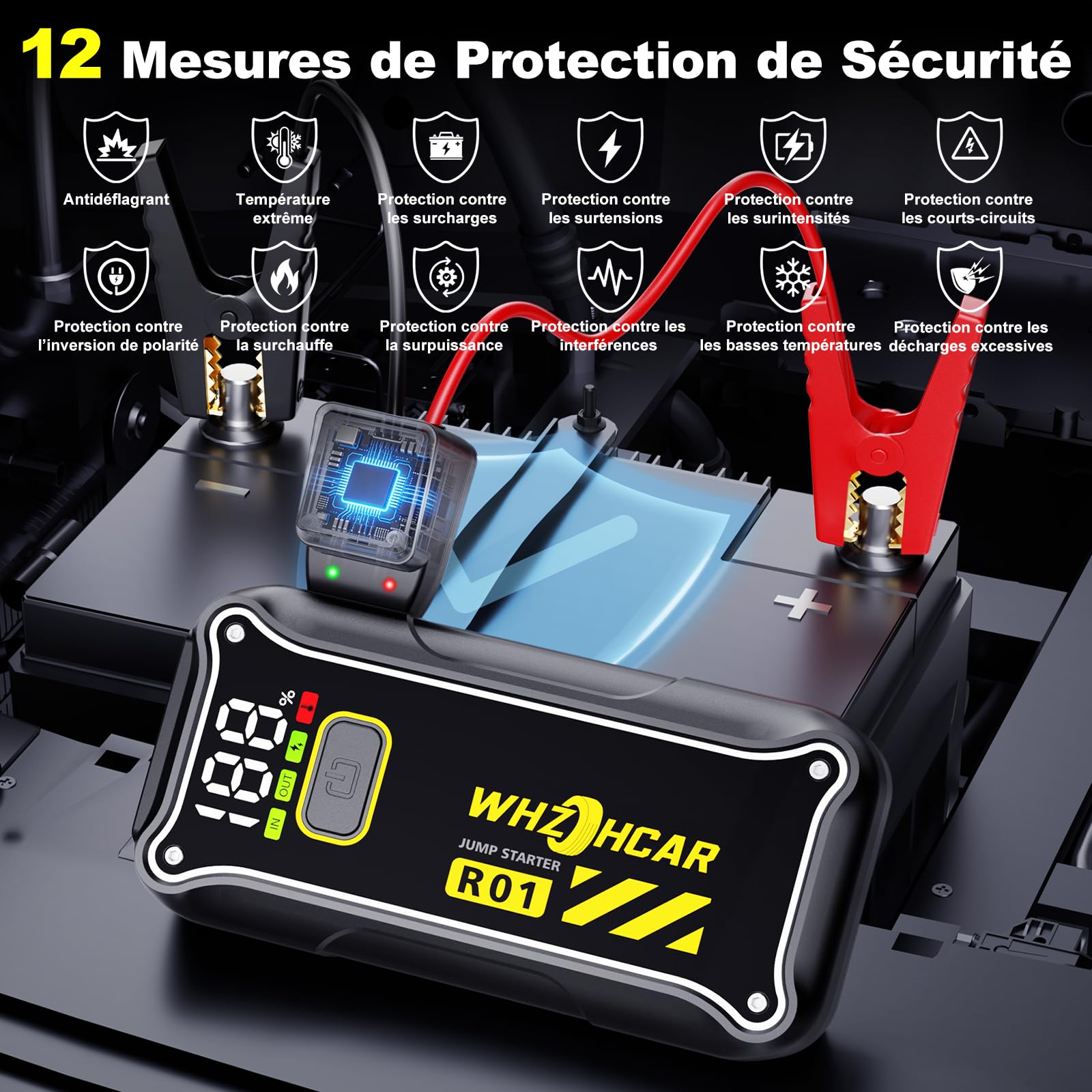 Booster Batterie Voiture 7000A Démarreur de Voiture 12V Démarreur de Batterie (Jusqu’à 10L Essence & 8L Diesel) Portable Jump Starter Moto Camion avec LED de Secours, Pinces de Sûreté Intelligentes