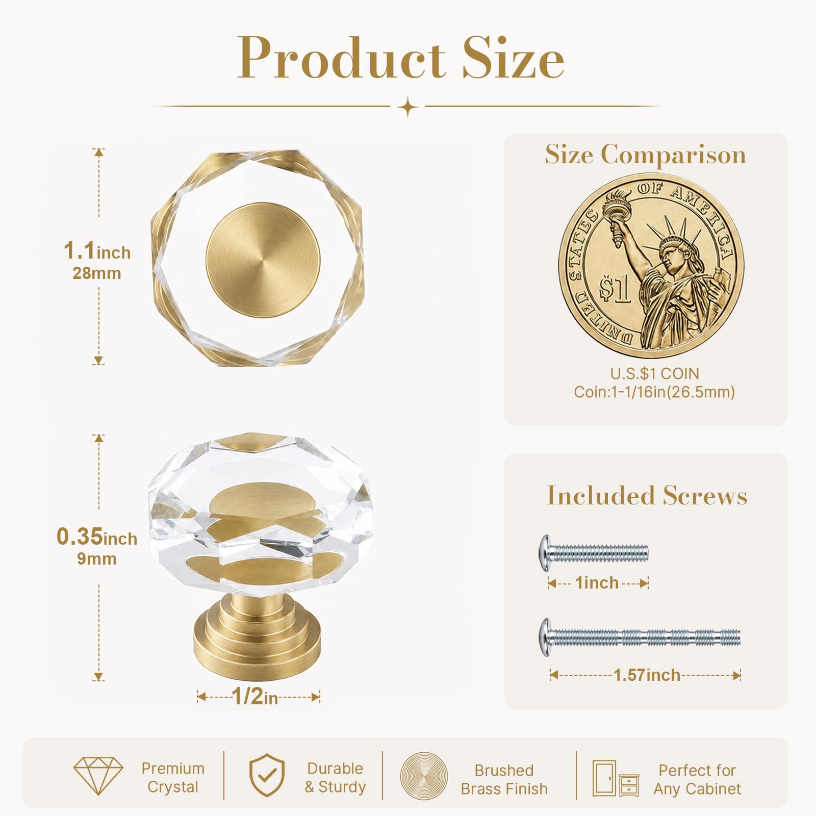 12 Pack 1-1/4 Inch Glass Crystal Cabinet Knobs, Brass Polygon Drawer Pulls — Amazon image 4