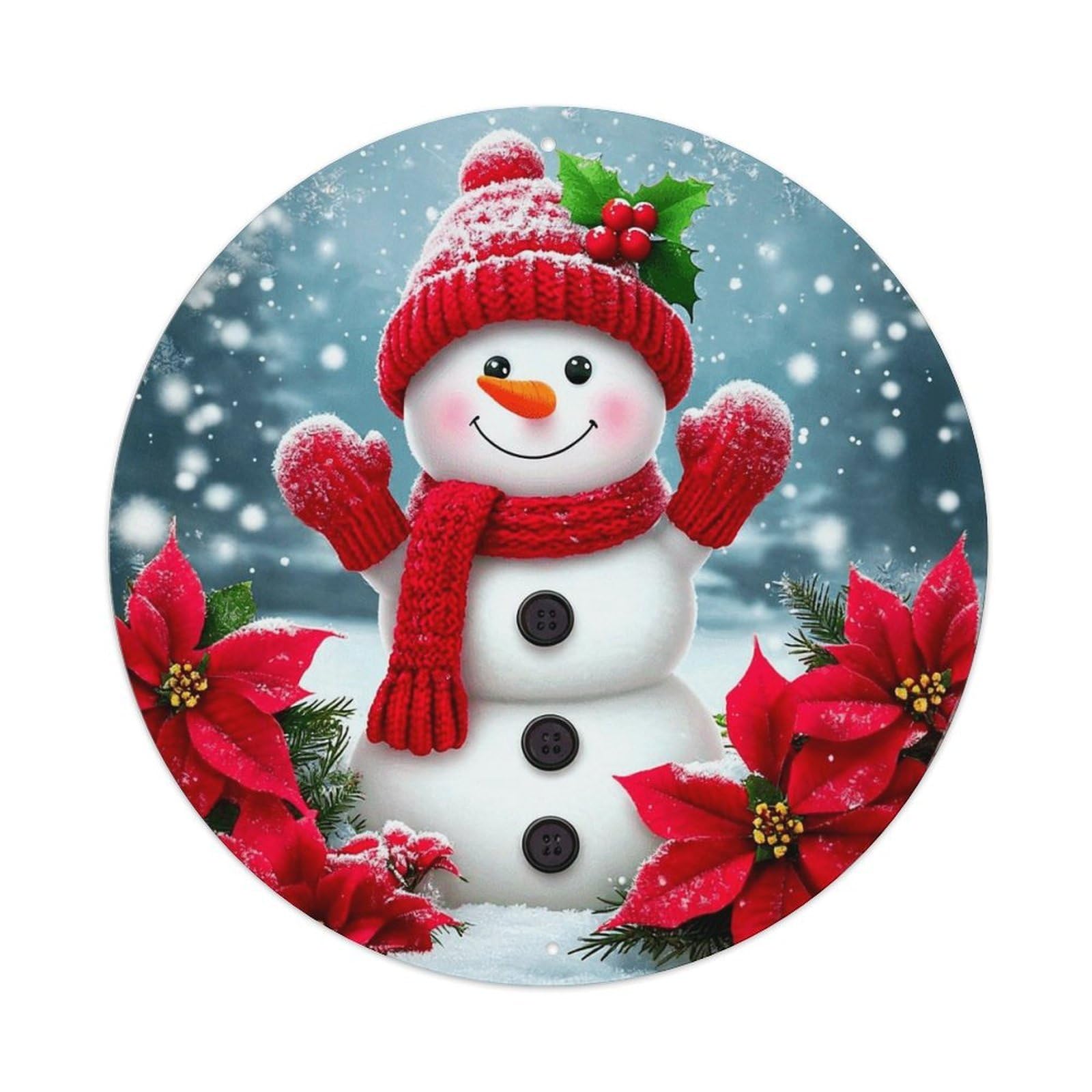 Festive Snowman With Red Accessories Vintage Metal Tin Sign Retro Wall Decor for Home Bar Garage Cafe, Indoor & Outdoor Decorative，circle Metal Poster, 8x8 Inch