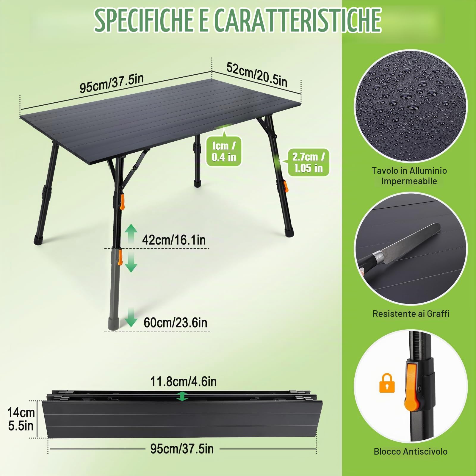 Tavolo Pieghevole da Campeggio Tavolino Pieghevole da esterno Nessun Montaggio Richiesto Tavolo Pieghevole in Lega di Alluminio con Gambe Regolabili in Altezza in Modo Continuo 95cm*52cm