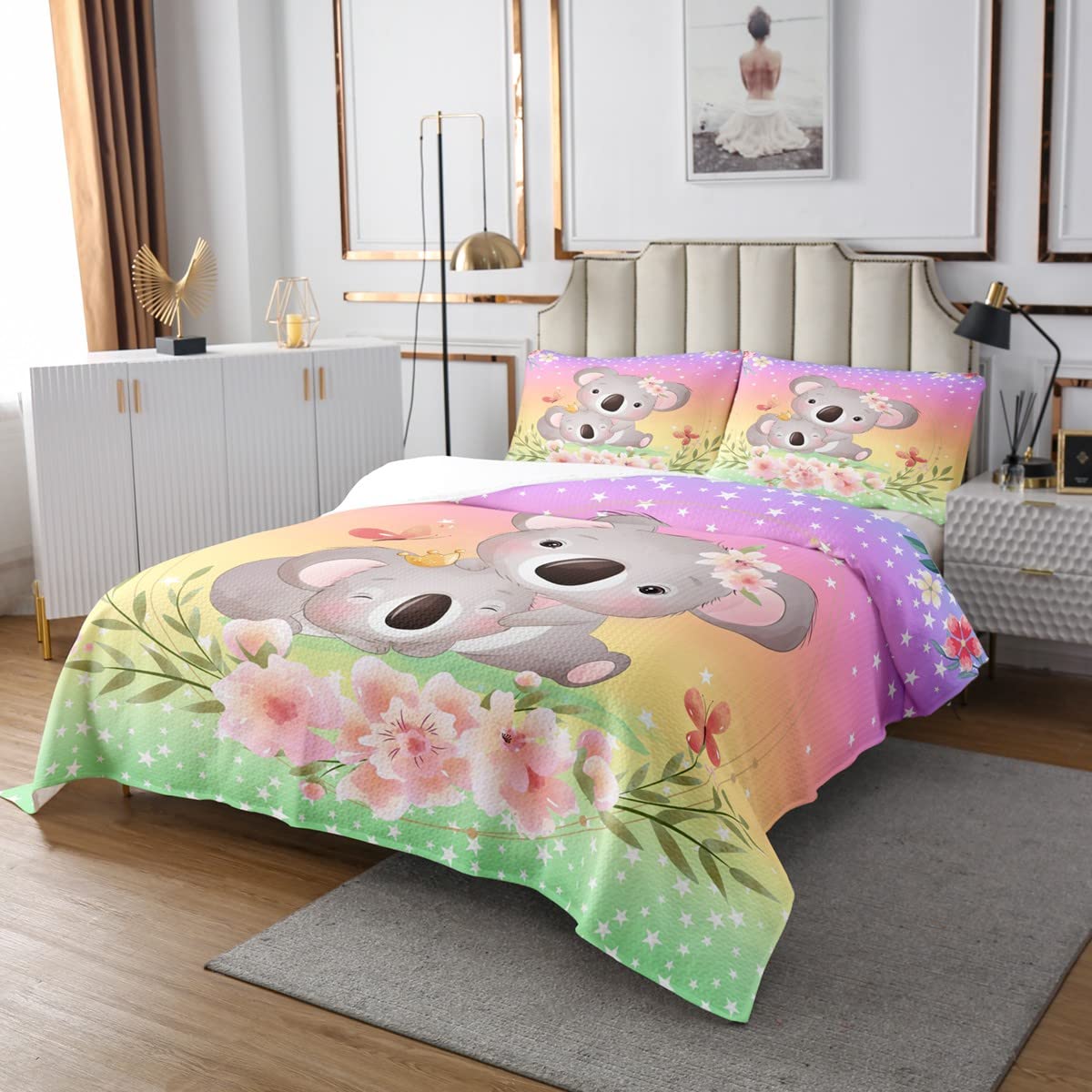 Homemissing Grazioso copriletto trapuntato Koala Cartoon Koala Set di copriletto per bambini e ragazze con fiori trapuntati con animali Kawaii trapuntati, 1 copriletto trapuntato per letto singolo