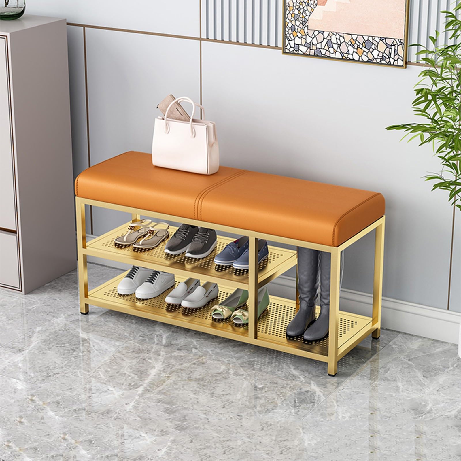 GDMDPTE Modern Upholstered Shoe Rack Bench with PU Leather Seat Stylish Entryway Storage nizer Metal Legs 80cm ge Gold – Perfect for Hallway & Home Décor