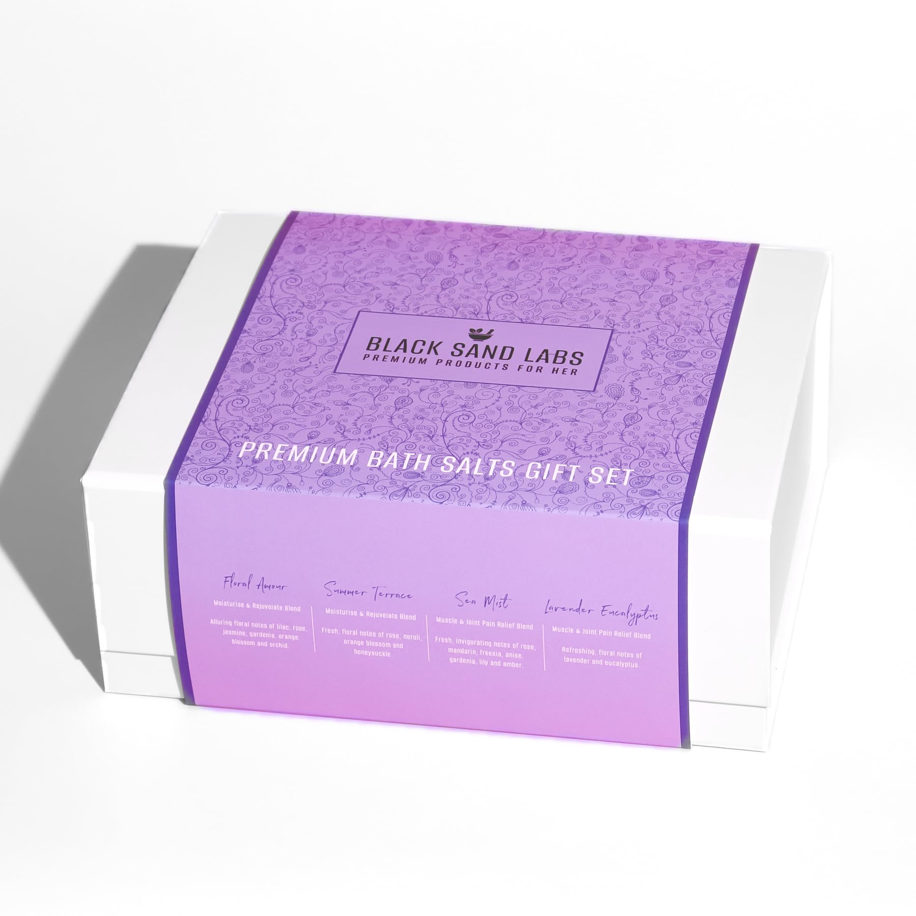 Coffret cadeau de sels de bain pour elle – Mer Morte, rose de l'Himalaya et sel d'Epsom (coffret cadeau – 4 x 100 g – Amour floral, lavande eucalyptus, terrasse d'été, brume marine)