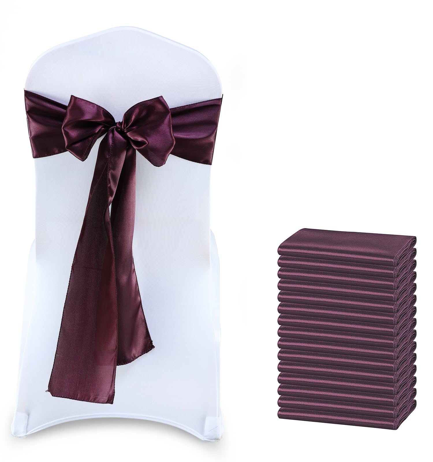 VDS Pack of 150 Satin Chair Sashes for Weddings & Events Décor | Soft Shiny Sateen Dining Chair Bows for Banquet, Party, Reception | Reusable Decorative Sash for Folding & Chiavari Chairs - Plum — image 1