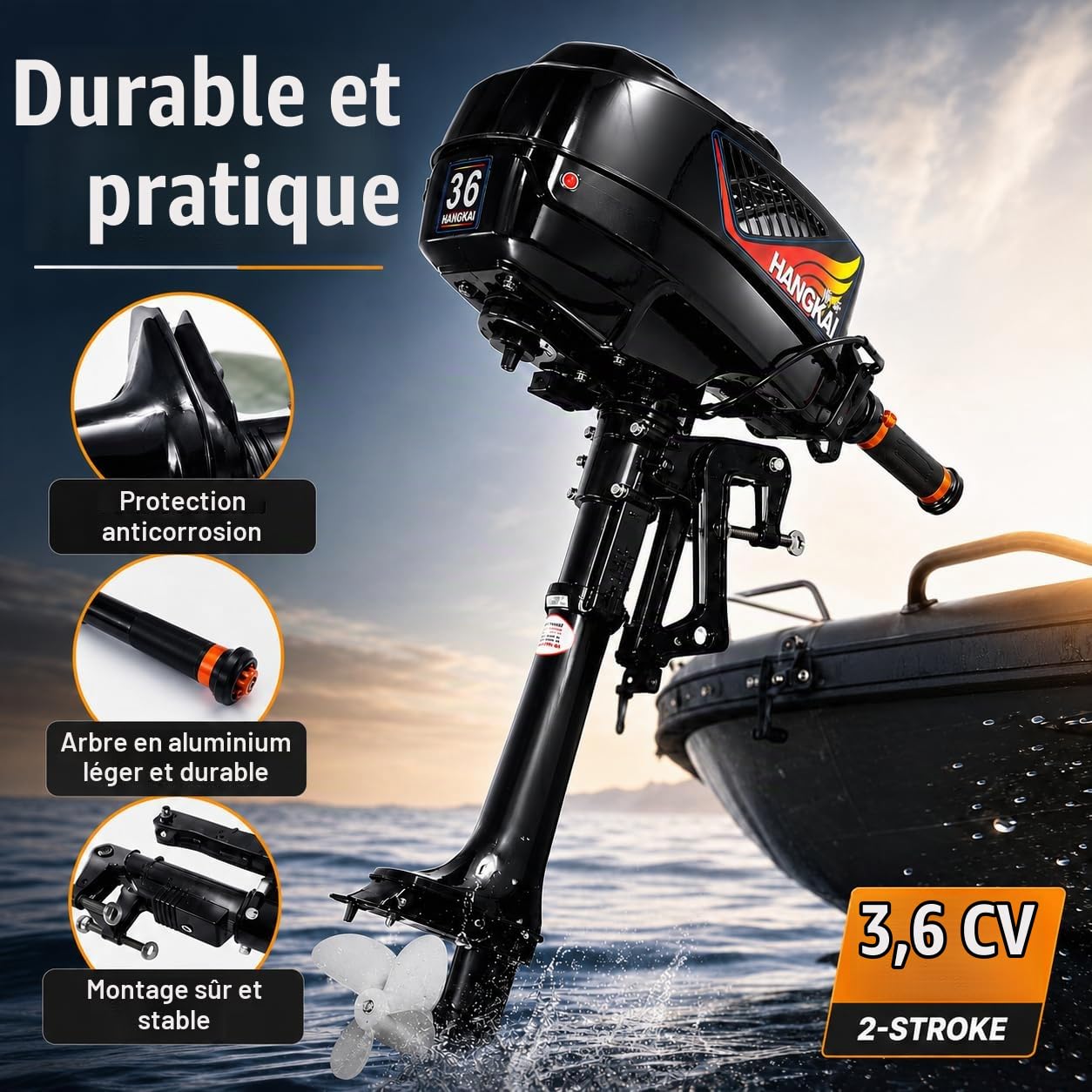 Bateau hors-bord 90 cm, bateau gonflable avec moteur, moteur de bateau de pêche, moteur de bateau à 2 temps pour kayak, canoë et petits véhicules nautiques, noir, nylon et aluminium, pour loisirs et