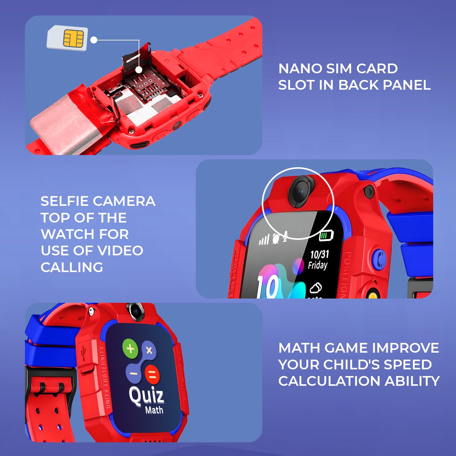 MELBON® 2G Sim Card SmartWatch for Kids, LBS Location Tracking, Voice Message, Cameras, 2G Voice Calling & Message, SOS, Geo-Fencing, Games - Perfect for Child Safety and Entertainment (Red) 1