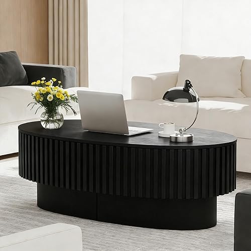 Miniatura 10 de Mesa de centro redonda con almacenamiento, modernas mesas de centro de madera estriada con base resistente, mesa de té central circular de tambor de