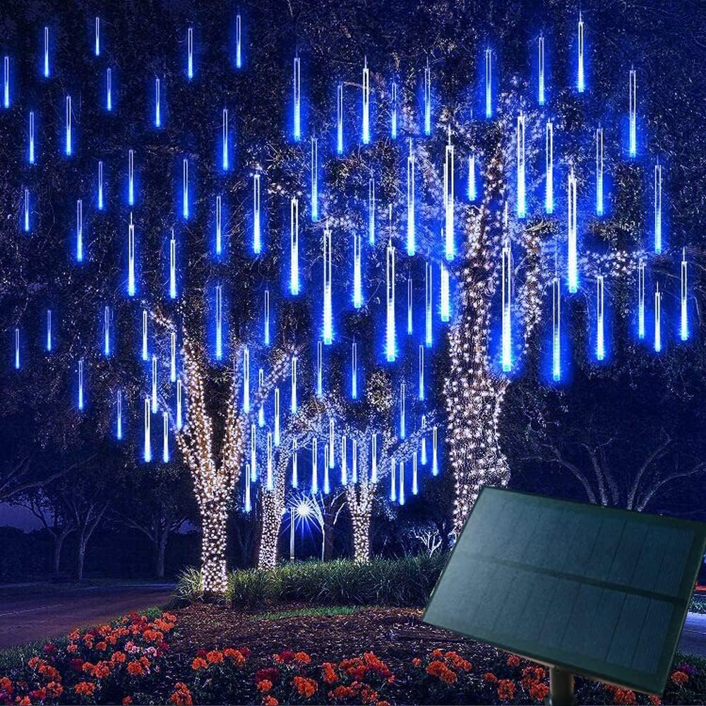LIQS Solar Meteor Shower Lights,30cm 8 Tubes LED Falling Raindrop Cascading Icicle Fairy Lights,Decorative rain String Lights for Decoration (Blue)